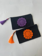 Load image into Gallery viewer, Black Canvas Pouch with Crochet Applique & Faux Silk Tassel | CKKOETTER Accessories