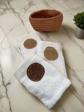 Load image into Gallery viewer, 3 Hand Towel with a Cotton Crochet Circles Gold, Bronze & Brown and a Cotton Crochet Basket