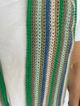 Load image into Gallery viewer, Close-up of a striped fabric with green, blue, and brown colors on a white background.