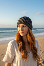 Load image into Gallery viewer, woman with long hair wearing shimmery black crochet mesh hat