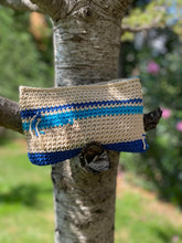 Load image into Gallery viewer, Handmade pouch with blue stripe attached to a tree branch