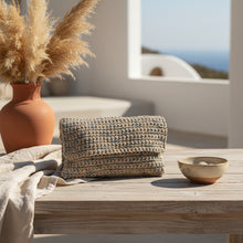 Load image into Gallery viewer, Beige blue rochet clutch on a table boho style