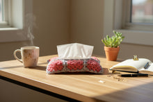 Load image into Gallery viewer, Tissue box cover with pink and gray crochet design on a desk