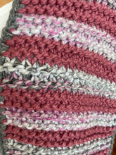 Load image into Gallery viewer, Close-up of a crocheted scarf with pink, gray, and white stripes.