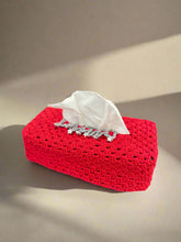 Load image into Gallery viewer, knitted red tissue box cover with stars for christmas