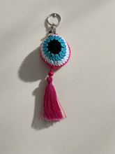 Load image into Gallery viewer, Black cyan white pink crochet evil eye key chain