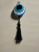 Load image into Gallery viewer, Blue brown white crochet evil eye key chain