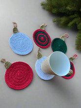 Load image into Gallery viewer, Red green white gold Christmas crochet coasters