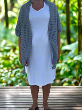 Load image into Gallery viewer, Person wearing a white dress and gray cardigan in a natural setting