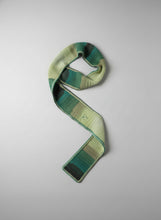 Load image into Gallery viewer, A green knitted scarf with a pattern, sitting on a white surface.