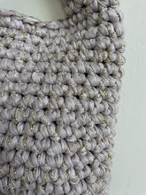 Load image into Gallery viewer, Close photo of a handmade crochet bag greige and gold