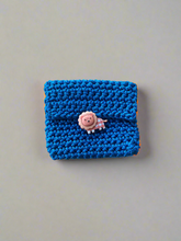 Load image into Gallery viewer, blue knitted crochet wallet with an orange lion