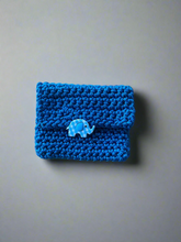 Load image into Gallery viewer, Blue knitted pouch with an elephant button