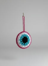 Load image into Gallery viewer, Crocheted keychain with multicolor design on a white background