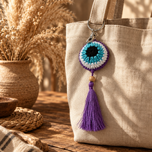Load image into Gallery viewer, Black cyan white purple crochet eviö eye key chain