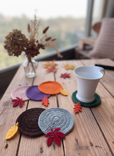 Load image into Gallery viewer, Autumn Crochet Coasters & Tissue Box - Rustic Fall Setting