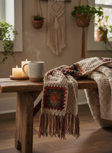 Load image into Gallery viewer, Beige Crochet Granny Squares Scarf Colorful Pattern Lifestyle - Handmade | CKKoetter