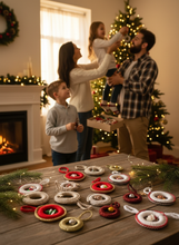 Load image into Gallery viewer, Collection of handmade crochet Christmas ornaments on wooden table with family of four decorating tree