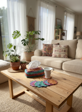Load image into Gallery viewer, Colorful Crochet Coasters and Tissue Box Cover on Coffee Table