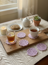 Load image into Gallery viewer, Cozy lifestyle image for pink cotton crochet coasters