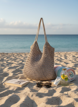 Load image into Gallery viewer, Greige Polyester Crochet Net Beach Bag Lifestyle - Handmade Summer Tote | CKKoetter
