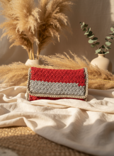 Load image into Gallery viewer, Handmade taupe grey beige red crochet clutch with bohemian lifestyle styling