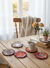 Load image into Gallery viewer, Lifestyle background for cotton crochet coasters with brown beads