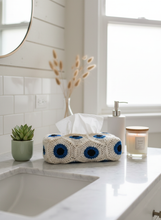 Load image into Gallery viewer, Lifestyle image of evil eye crochet tissue box cover