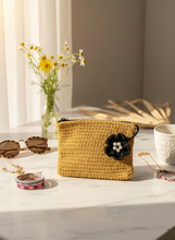 Load image into Gallery viewer, Mustard Crochet Pouch Lifestyle Photo