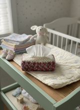 Load image into Gallery viewer, Off White Brown Pink Crochet Tissue Box Cover in Nursery