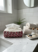 Load image into Gallery viewer, Off White Brown Pink Crochet Tissue Box Cover on Bathroom Vanity