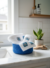 Load image into Gallery viewer, Premium bathroom lifestyle with granny square towels and crochet basket