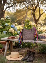 Load image into Gallery viewer, Taupe crochet bag outdoor lifestyle shot