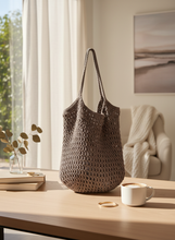 Load image into Gallery viewer, Taupe Polyester Crochet Net Summer Bag Lifestyle - Handmade Elegant Tote | CKKoetter