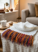 Load image into Gallery viewer, White crochet winter scarf with multicolor fringe lifestyle background