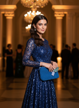 Load image into Gallery viewer, Woman Holding Blue Velvet Clutch at Event