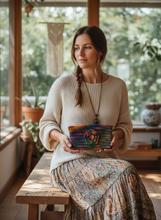 Load image into Gallery viewer, Woman holding colorful crochet pouch