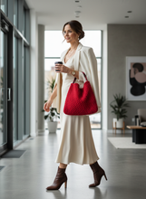 Load image into Gallery viewer, Woman holding red velvet crochet shoulder bag