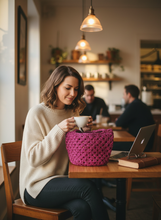 Load image into Gallery viewer, Woman in coffee shop with granny squares bag on table