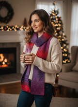 Load image into Gallery viewer, Woman wearing red purple crochet winter scarf