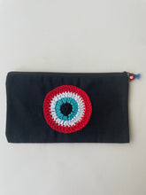 Load image into Gallery viewer, Black Canvas Pouch with Crochet Evil Eye Applique &amp; Charm | CKKOETTER Accessories

