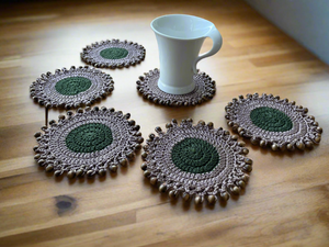Dark Green & Taupe Crochet Coasters with Wooden Beads - CKKoetter Accessories