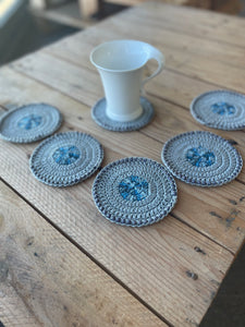 6 Blue & Gray Cotton Crochet Coasters with Blue Wooden Beads | CKKoetter Accessories