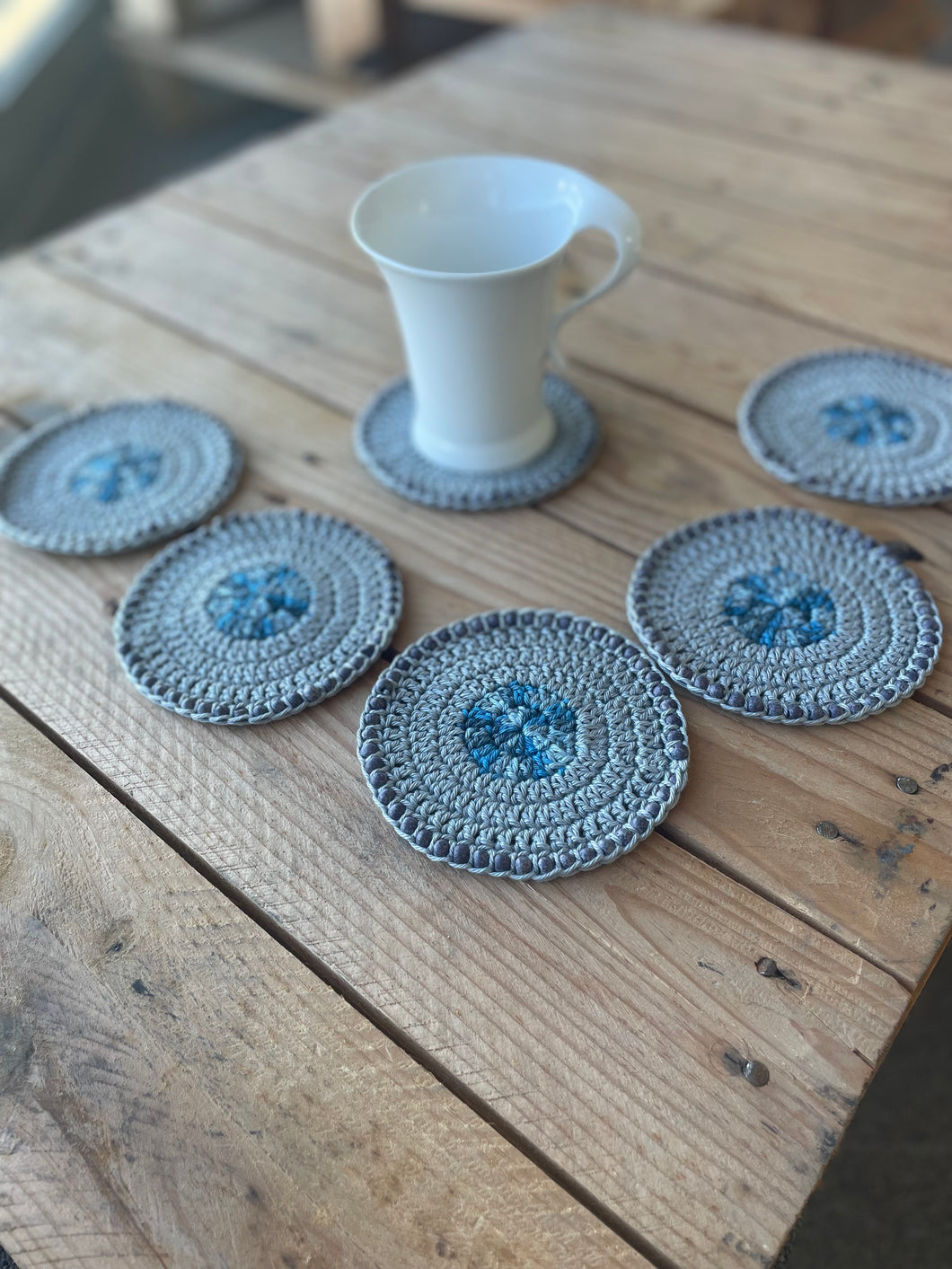 6 Blue & Gray Cotton Crochet Coasters with Blue Wooden Beads | CKKoetter Accessories