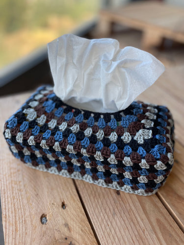 Blue black brown gray crochet tissue box cover