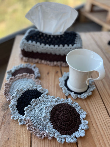 Black Gray Brown Beige Crochet Coasters & Tissue box cover