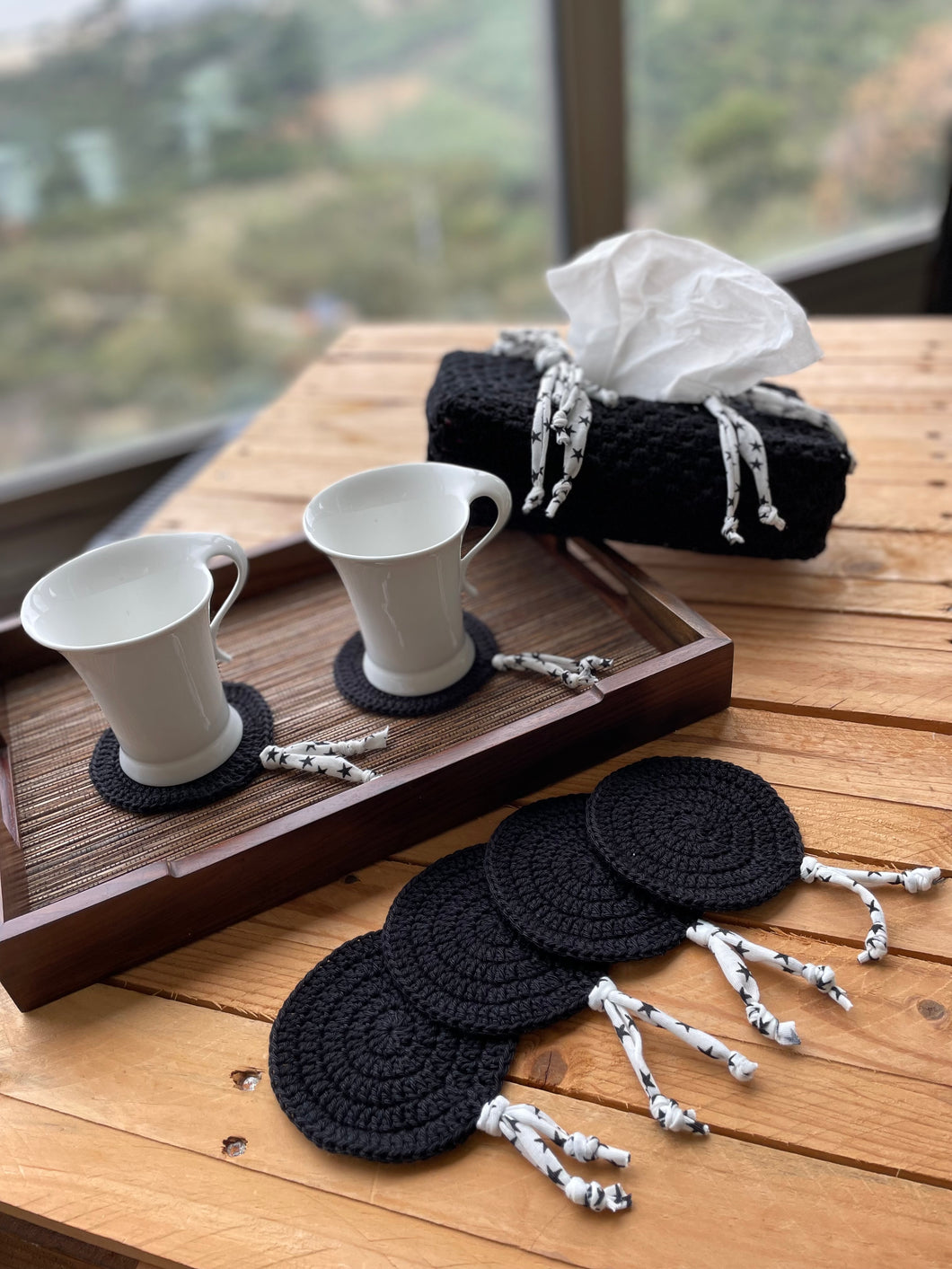 Handmade Black & White Crochet Coasters Set with Tissue Box Cover - CKKoetter Accessories