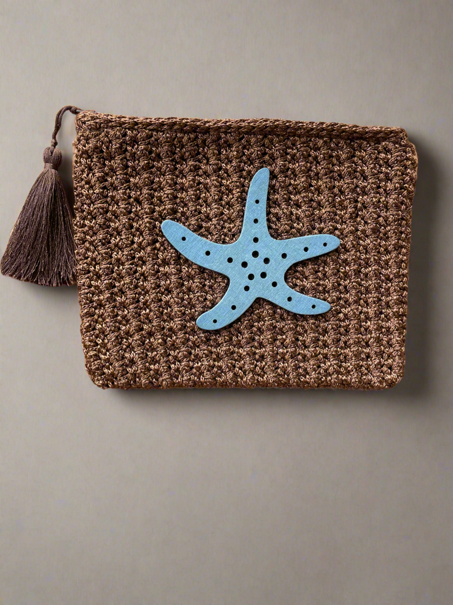 Brown Crochet Pouch Blue Starfish - Handmade Shimmery Polyester Bag | CKKoetter Accessories