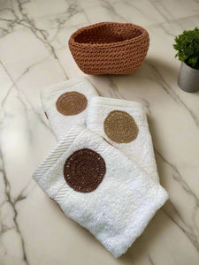 3 Hand Towel with a Cotton Crochet Circles Gold, Bronze & Brown and a Cotton Crochet Basket