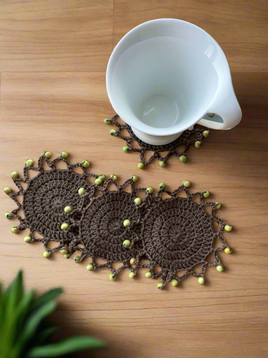 Round Brown Crochet Coasters Green Beads | CKKoetter Accessories